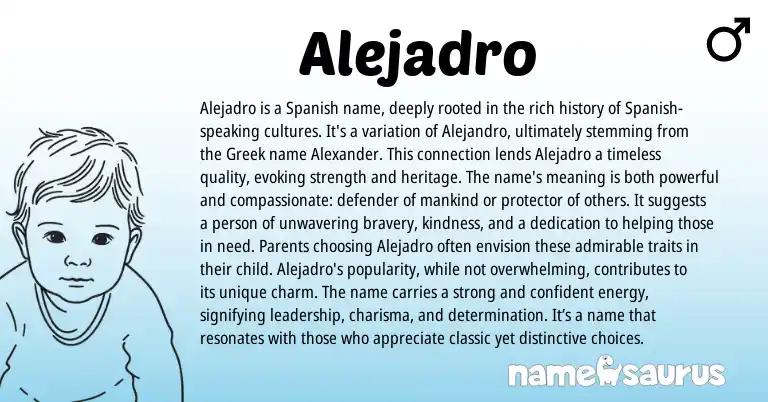 Infographic about Alejadro name meaning, Alejadro is a name from Spanish, Greek origin(s).