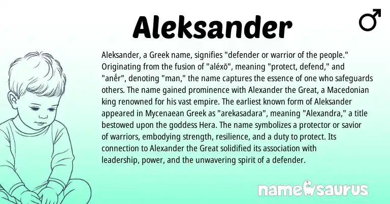 Infographic about Aleksander name meaning, Aleksander is a name from Macedonian, Greek origin(s).