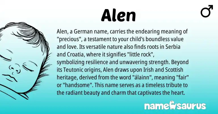 Infographic about Alen name meaning, Alen is a name from Teutonic, German, Scottish, Irish origin(s).
