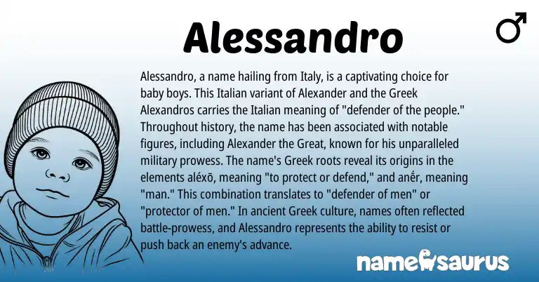 Infographic about Alessandro name meaning, Alessandro is a name from Greek, Italian origin(s).