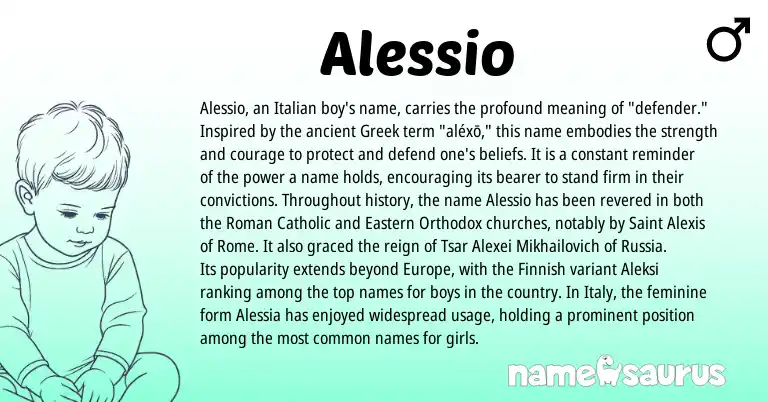 Infographic about Alessio name meaning, Alessio is a name from Roman, Finnish, Greek, Italian origin(s).