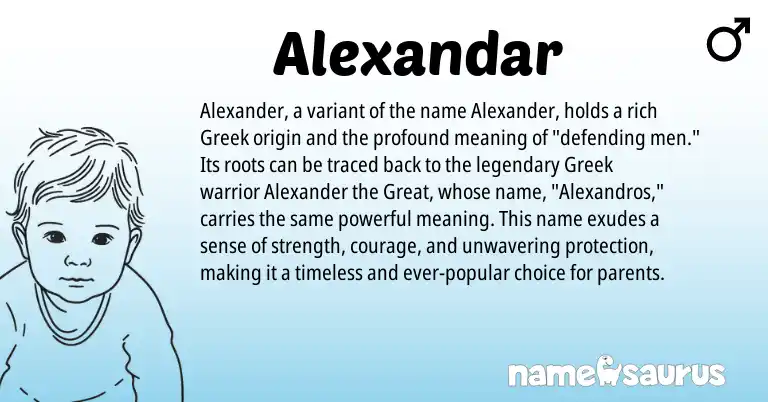 Infographic about Alexandar name meaning, Alexandar is a name from Greek origin(s).