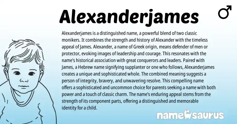 Infographic about Alexanderjames name meaning, Alexanderjames is a name from Hebrew, Greek origin(s).