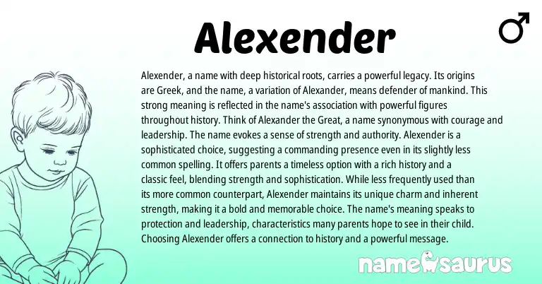 Infographic about Alexender name meaning, Alexender is a name from Greek origin(s).