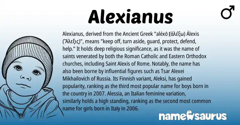 Infographic about Alexianus name meaning, Alexianus is a name from Ancient Greek, Roman, Italian, Finnish origin(s).