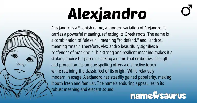 Infographic about Alexjandro name meaning, Alexjandro is a name from Spanish origin(s).