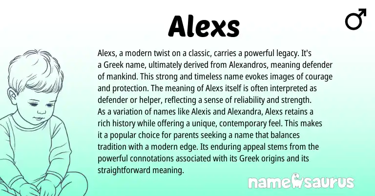 Infographic about Alexs name meaning, Alexs is a name from Greek origin(s).