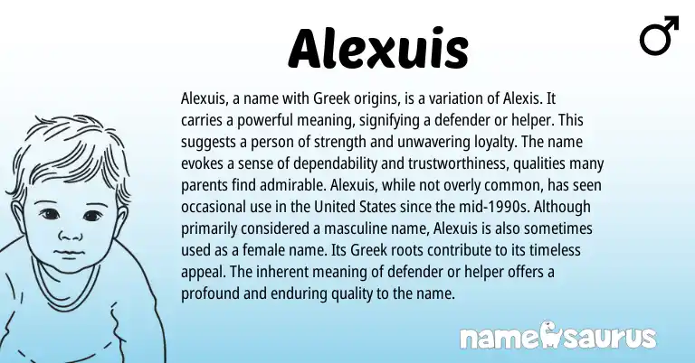 Infographic about Alexuis name meaning, Alexuis is a name from Greek origin(s).