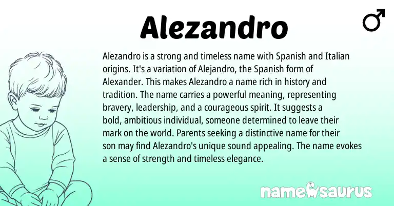 Infographic about Alezandro name meaning, Alezandro is a name from Italian, Spanish origin(s).
