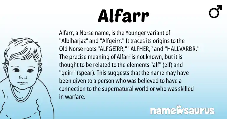 Infographic about Alfarr name meaning, Alfarr is a name from Old Norse, Norse origin(s).