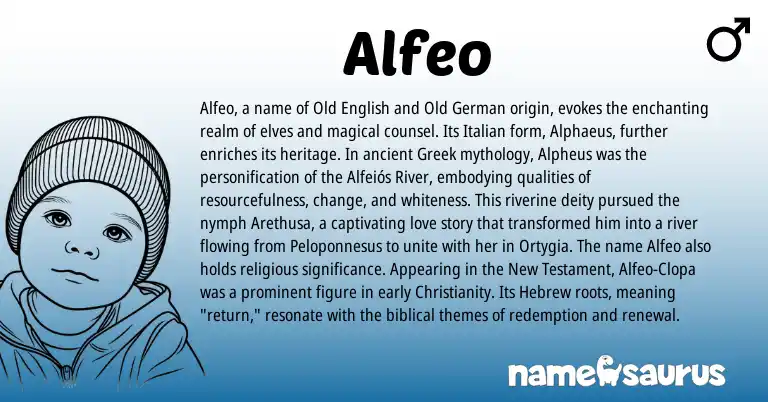 Infographic about Alfeo name meaning, Alfeo is a name from Christianity, Greek, Old German, Old English, Hebrew, Italian origin(s).