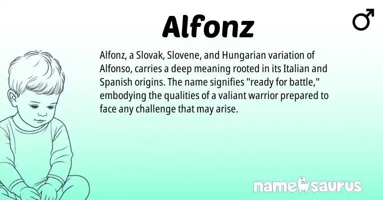 Infographic about Alfonz name meaning, Alfonz is a name from Slovak, Spanish, Hungarian, Slovene, Italian origin(s).