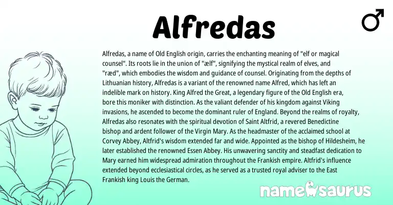 Infographic about Alfredas name meaning, Alfredas is a name from German, Lithuanian, Frankish, England, Old English origin(s).