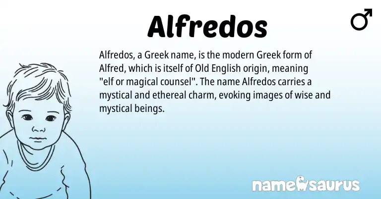 Infographic about Alfredos name meaning, Alfredos is a name from Old English, Greek origin(s).