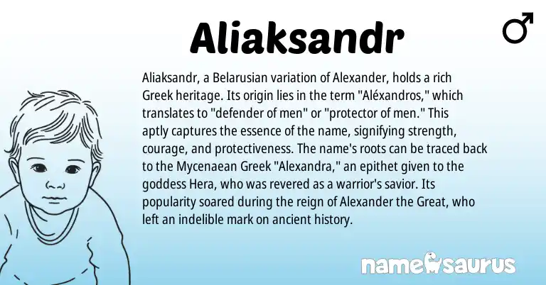 Infographic about Aliaksandr name meaning, Aliaksandr is a name from Belarusian, Greek origin(s).