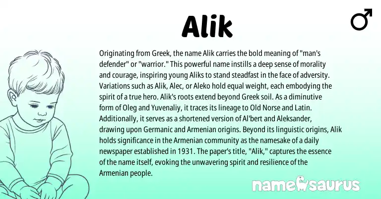 Infographic about Alik name meaning, Alik is a name from Old Norse, Armenian, Germanic, Latin, Greek origin(s).
