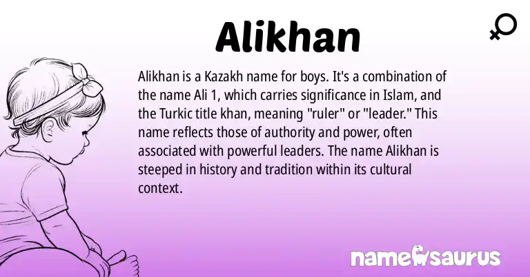 Infographic about Alikhan name meaning, Alikhan is a name from Kazakh origin(s).