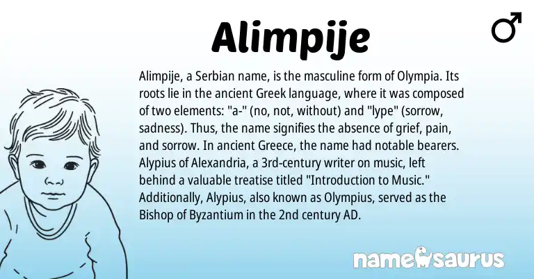 Infographic about Alimpije name meaning, Alimpije is a name from Serbian, Greece, Greek origin(s).