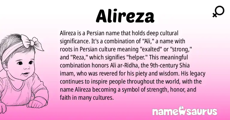 Infographic about Alireza name meaning, Alireza is a name from Persian origin(s).