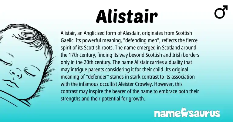 Infographic about Alistair name meaning, Alistair is a name from Irish, Gaelic, Scottish origin(s).