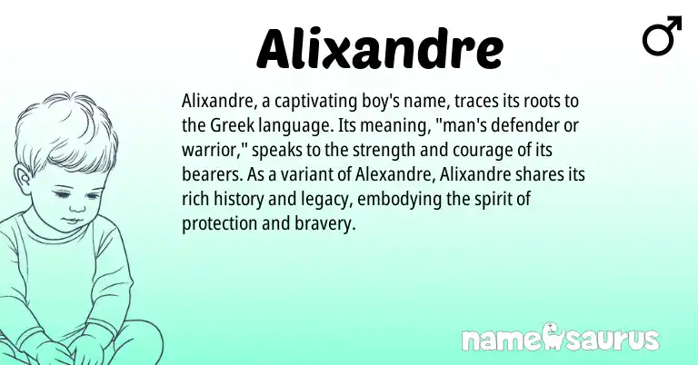 Infographic about Alixandre name meaning, Alixandre is a name from Greek origin(s).