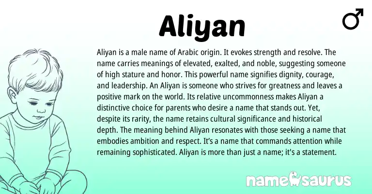 Infographic about Aliyan name meaning, Aliyan is a name from Arabic origin(s).