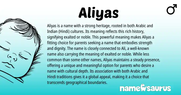 Infographic about Aliyas name meaning, Aliyas is a name from Arabic origin(s).