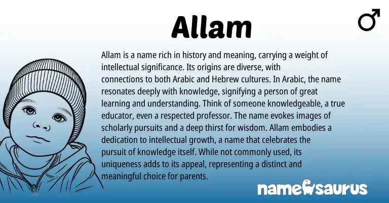 Infographic about Allam name meaning, Allam is a name from Urdu, Arabic origin(s).