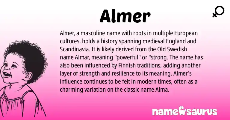 Infographic about Almer name meaning, Almer is a name from Medieval English, Old Swedish, Finnish, Old Danish origin(s).