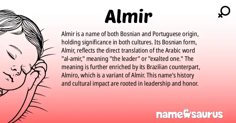 Infographic about Almir name meaning, Almir is a name from Bosnian, Portuguese (Brazilian) origin(s).