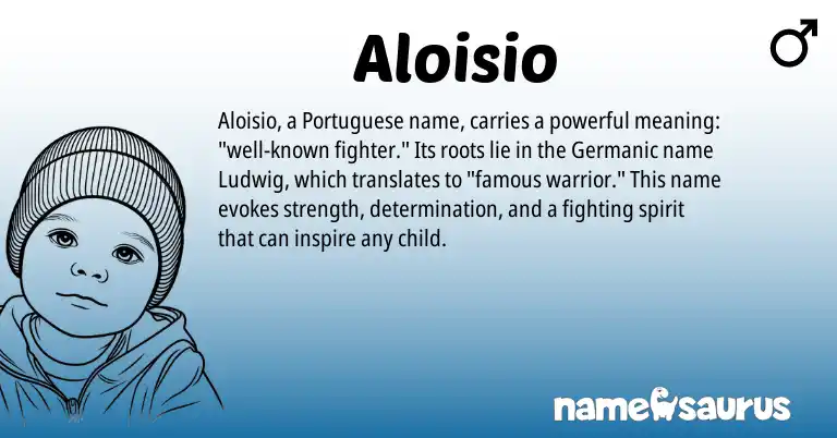 Infographic about Aloisio name meaning, Aloisio is a name from Germanic, Portuguese origin(s).