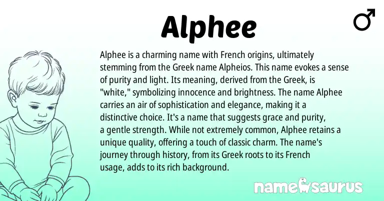 Infographic about Alphee name meaning, Alphee is a name from Latin, French, Greek origin(s).