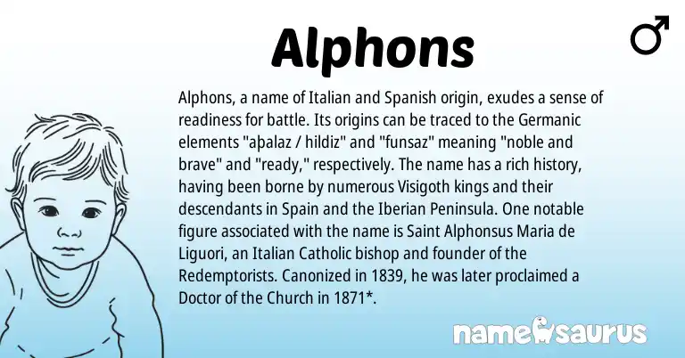 Infographic about Alphons name meaning, Alphons is a name from Spain, Spanish, Germanic, Italian origin(s).