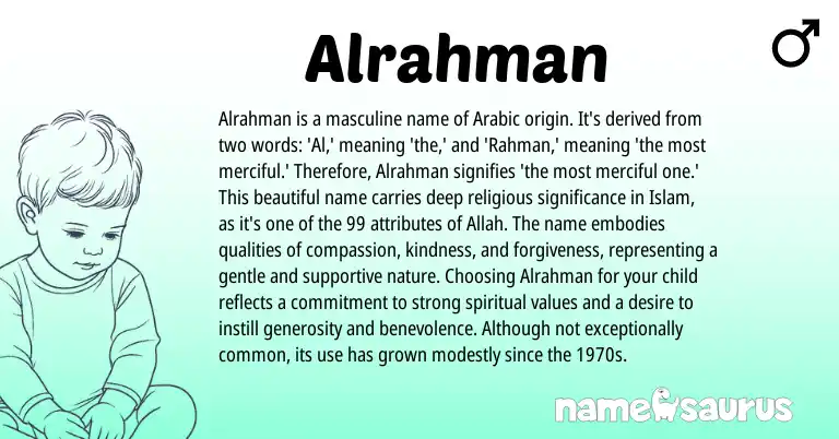 Infographic about Alrahman name meaning, Alrahman is a name from Arabic origin(s).