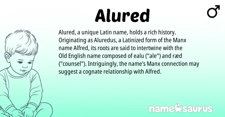 Infographic about Alured name meaning, Alured is a name from Old English, Manx, Latin origin(s).