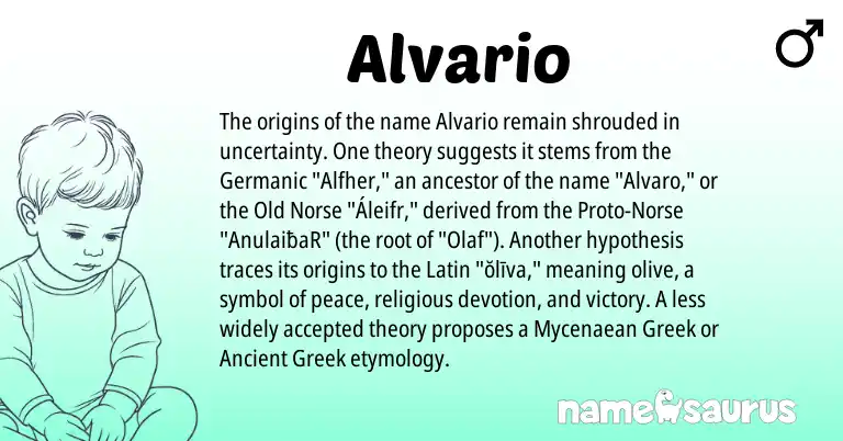 Infographic about Alvario name meaning, Alvario is a name from Old Norse, Ancient Greek, Germanic, Latin, Greek, Norse origin(s).