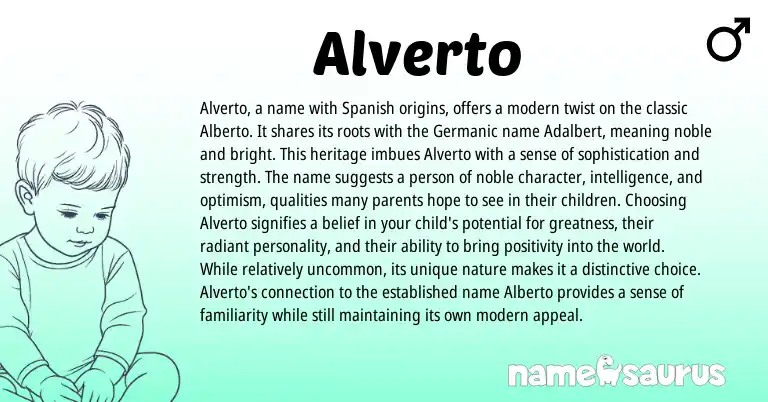 Infographic about Alverto name meaning, Alverto is a name from Germanic, Italian, Spanish origin(s).