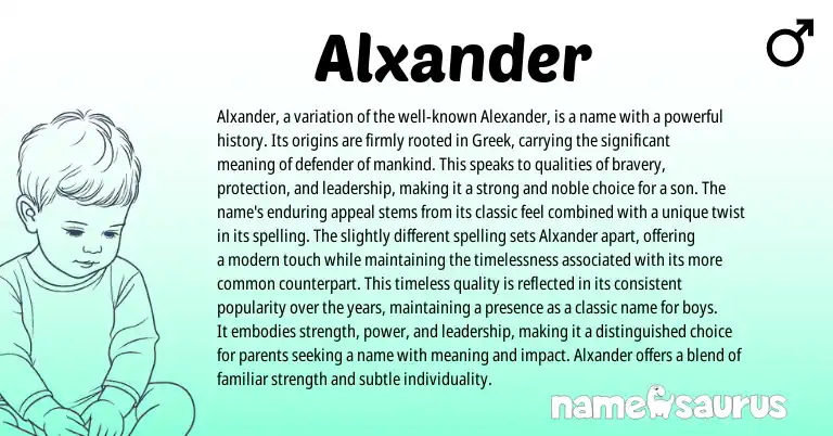 Infographic about Alxander name meaning, Alxander is a name from Greek origin(s).
