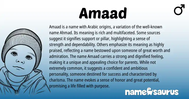 Infographic about Amaad name meaning, Amaad is a name from Arabic origin(s).