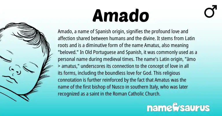 Infographic about Amado name meaning, Amado is a name from Roman, Spanish, Latin, Portuguese origin(s).