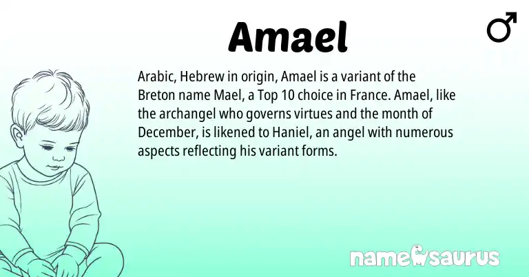 Infographic about Amael name meaning, Amael is a name from Arabic, Hebrew, Breton origin(s).