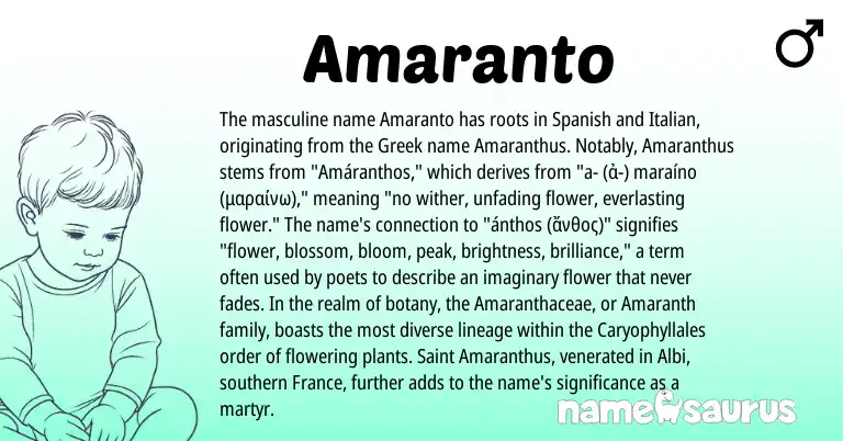 Infographic about Amaranto name meaning, Amaranto is a name from Spanish, Greek, Italian origin(s).