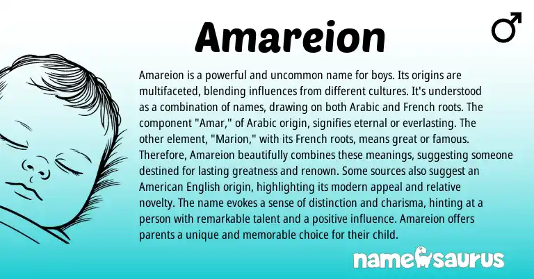 Infographic about Amareion name meaning, Amareion is a name from French, African, Arabic, American origin(s).