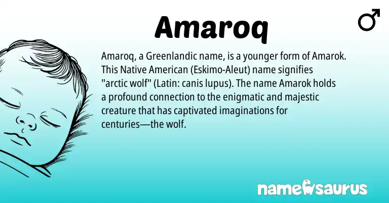 Infographic about Amaroq name meaning, Amaroq is a name from Native American, Aleut, Latin, Greenlandic origin(s).