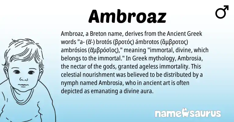 Infographic about Ambroaz name meaning, Ambroaz is a name from Ancient Greek, Greek, Breton origin(s).