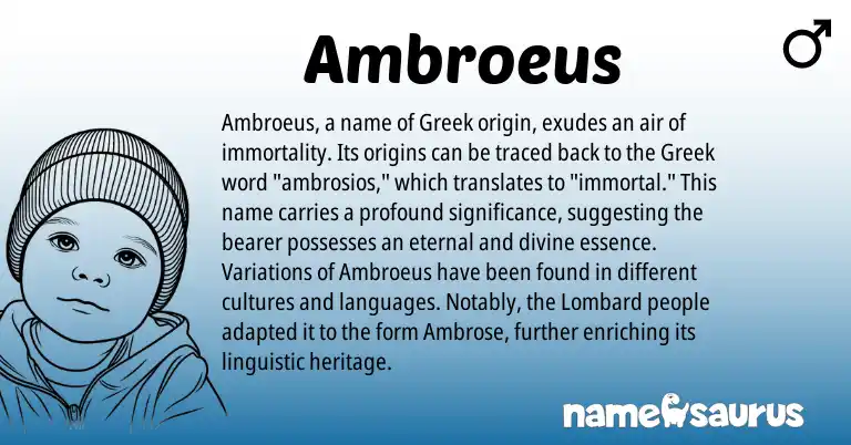 Infographic about Ambroeus name meaning, Ambroeus is a name from Lombard, Greek origin(s).