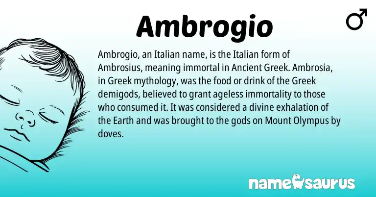 Infographic about Ambrogio name meaning, Ambrogio is a name from Ancient Greek, Greek, Italian origin(s).