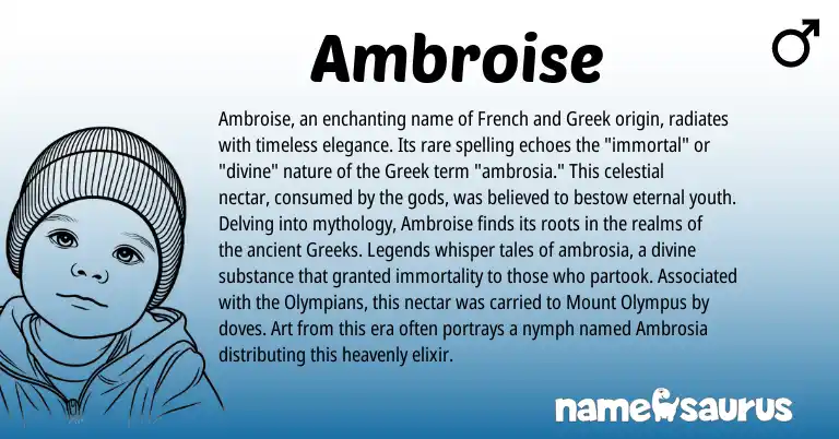 Infographic about Ambroise name meaning, Ambroise is a name from French, Legends, Greek origin(s).