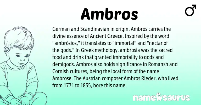 Infographic about Ambros name meaning, Ambros is a name from Cornish, Romansh, Greece, Scandinavian, Greek, German origin(s).