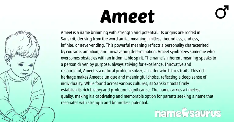 Infographic about Ameet name meaning, Ameet is a name from Indian, Sanskrit origin(s).